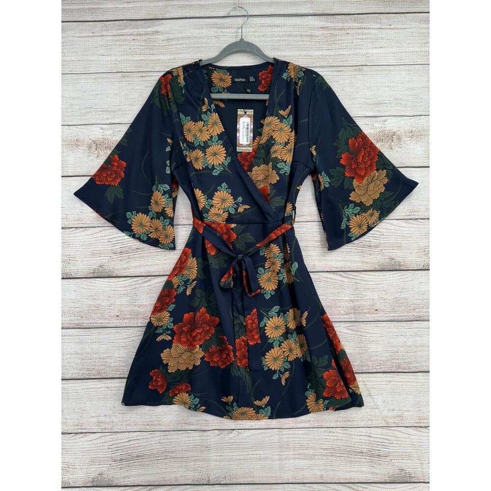 Boohoo Satin Floral‎ Wrap Dress Womens 10 Blue Beige Orange Tie Waist NEW
